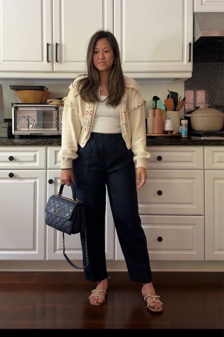 looks like a work fit but these linen pants are so comfy they’re perfect for the weekend (I have them in white too)

Size M for pants, S for tank 
sweater is [old] Zara size M  

#LTKworkwear #LTKfindsunder50 #LTKfindsunder100