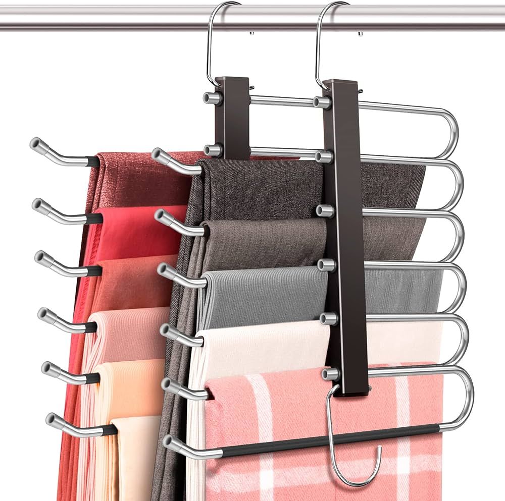 6 Tier Pant Hangers Space Saving - 2 Pack for Closet, Free-Installation Multifunctional Pants Rac... | Amazon (US)