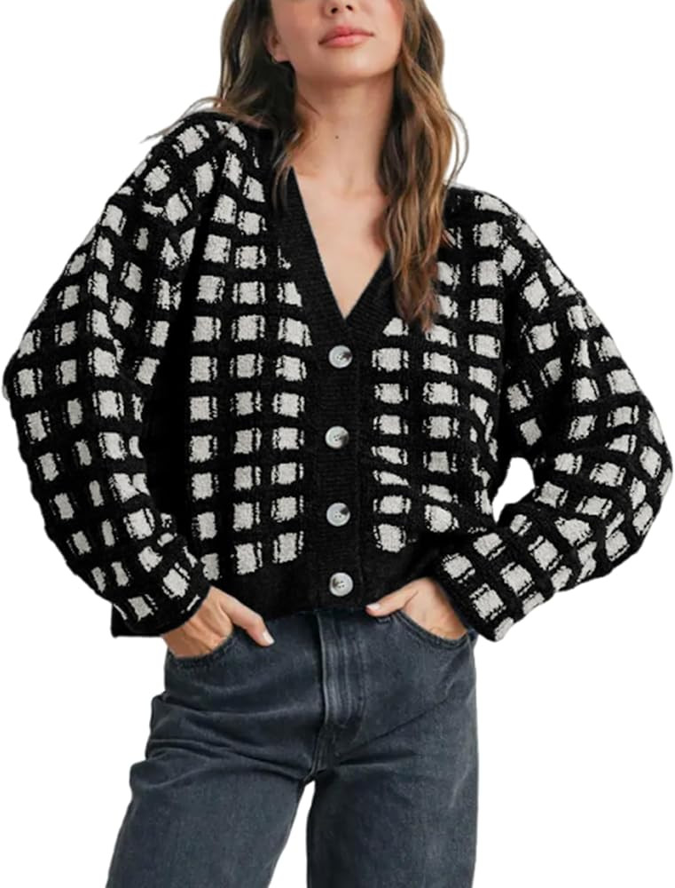 Ailoqing Womens Checkered Cardigans Sweaters V Neck Button Down Long Sleeve Cable Knit Outerwear ... | Amazon (US)