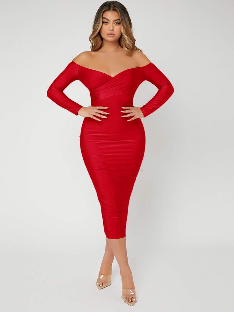 SHEIN SXY Solid Off Shoulder Bodycon Dress | SHEIN