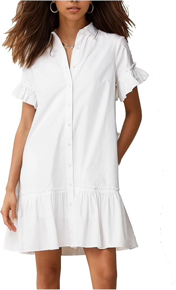 Women's Ruffle Mini Shirt Dress Short Sleeve Button Up Shift Dress Cotton Drop Waist Shirt Dress | Amazon (US)