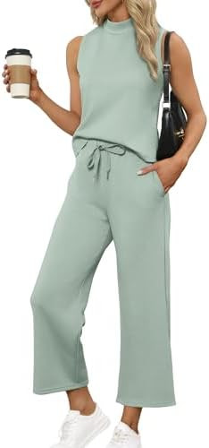 SAMPEEL Two Piece Sets for Women Summer Outfits Lounge Sets Mock Neck Tops Wide Leg Crop Pants Va... | Amazon (US)