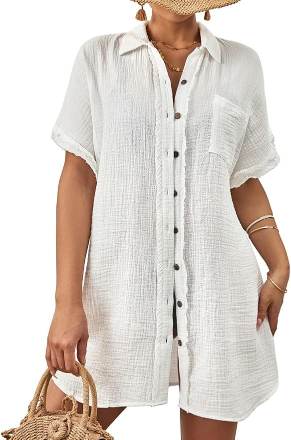 Bsubseach Women Swimsuit Coverup Button Down Bathing Suit Cover Ups for Swimwear Short Sleeve Bik... | Amazon (US)