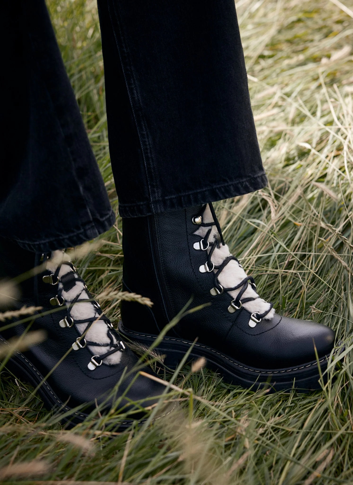 Black Leather Borg Hiking Boots | Mint Velvet