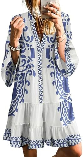 SELINK Womens Long Sleeve Dresses Casual V Neck Tribal Print Button Flowy Boho Mini Beach Dress | Amazon (US)