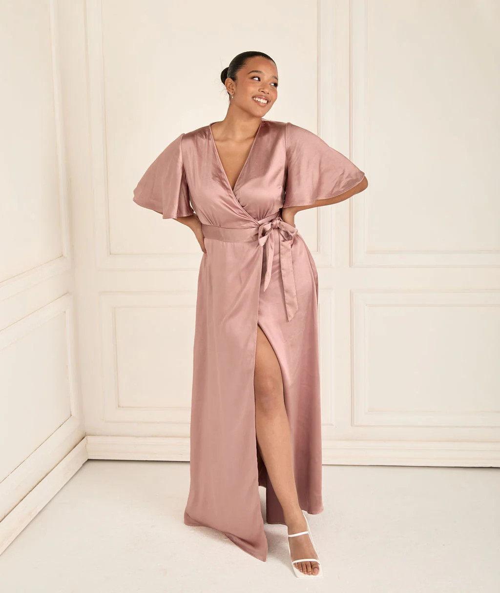 Wrap Tie Satin Bridesmaid Dress - Rose - 10 | Six Stories