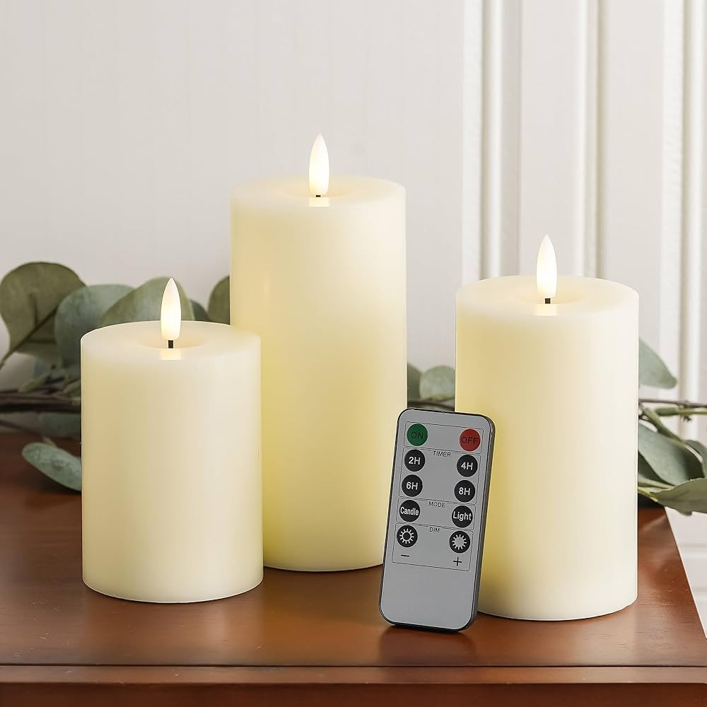 Ivory Flameless Candles with Remote and Timer, Real Wax Made LED Pillar Candles Battery Operated ... | Amazon (US)