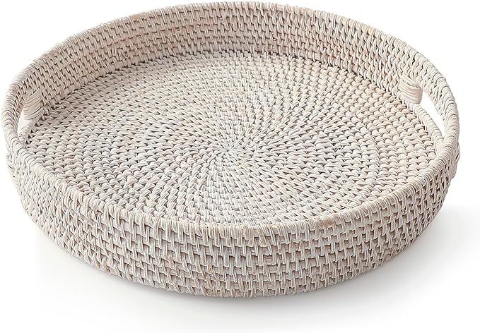 HITOMEN 11.8'' Hand-Woven Round Rattan Serving Tray Decorative Wicker Trays with Handles for Coff... | Amazon (US)