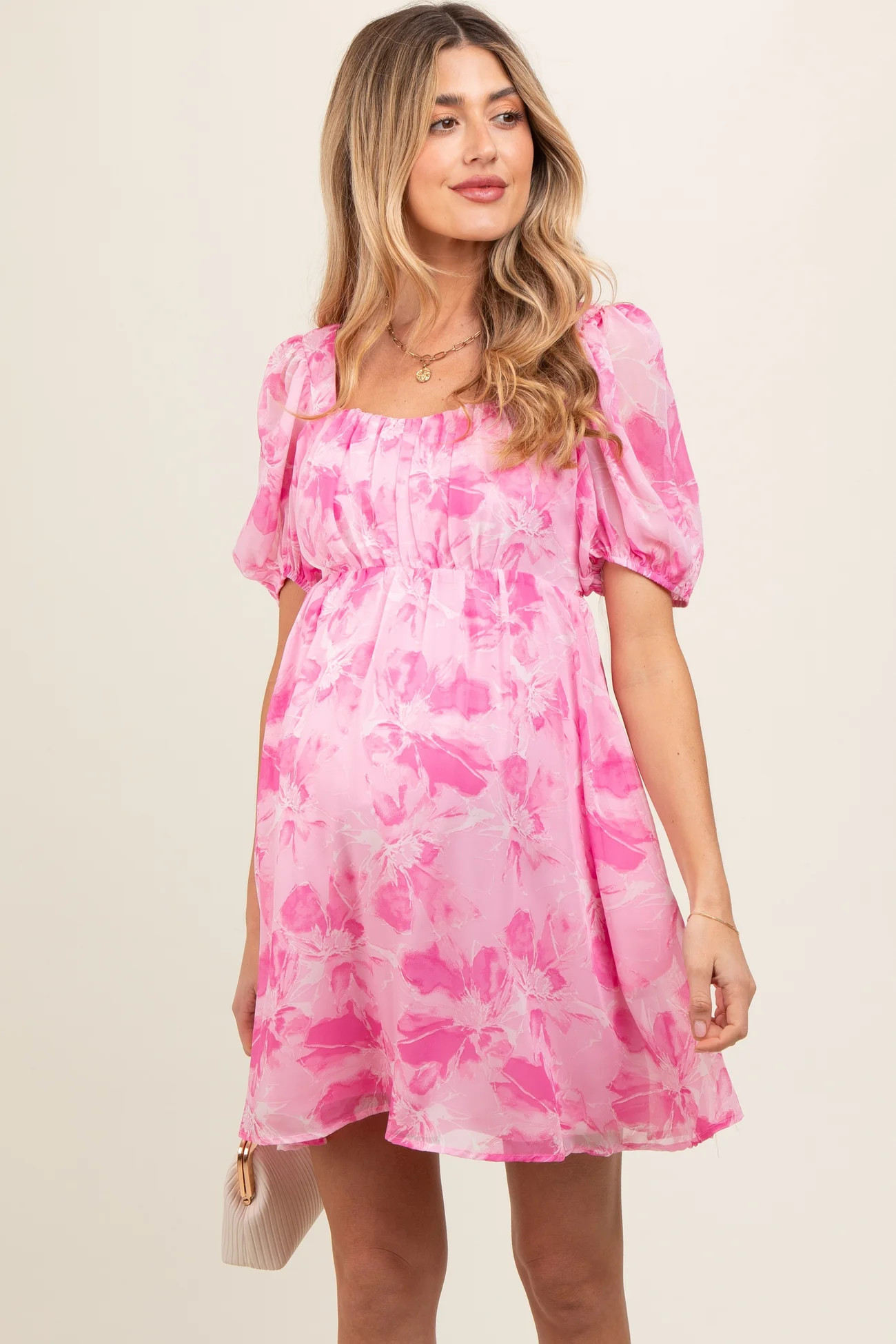 Pink Floral Puff Sleeve Maternity Mini Dress | PinkBlush Maternity