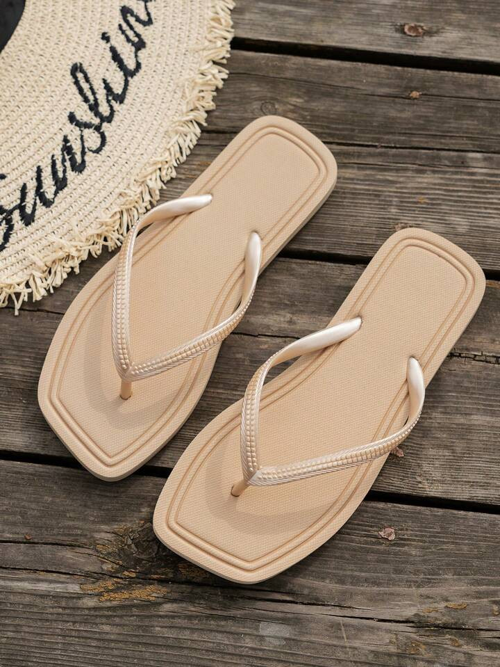 Women's Solid Color Casual, Flat Square Toe Anti-Slip Waterproof Beach Sandals, Suitable For Swim... | SHEIN