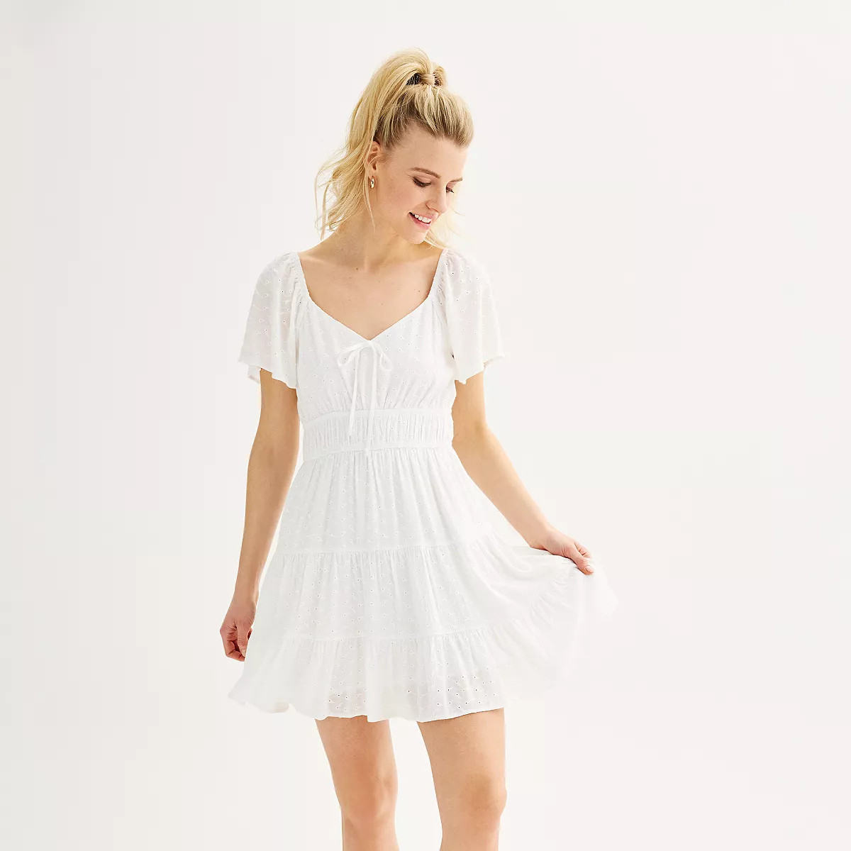 Juniors' Rewind Short Sleeve V-Neck Eyelet Skater Dress | Kohl's