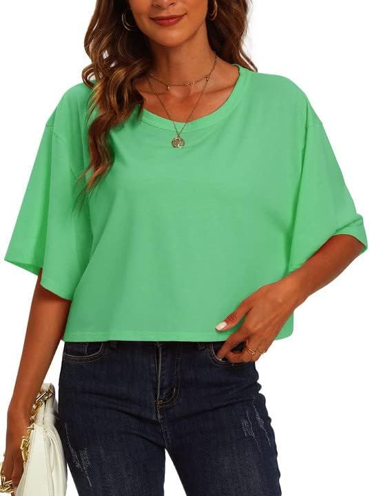 Follner Women Short Sleeve Cropped T Shirt Oversized Drop Shoulder Summer Tops Tees | Amazon (US)