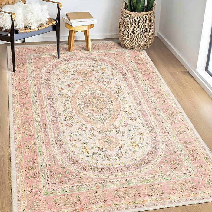 Pink Rug 3x5,Boho Washable Area Rugs for Bedroom Living Room Kitchen Entryway,Small Vintage Distr... | Amazon (US)