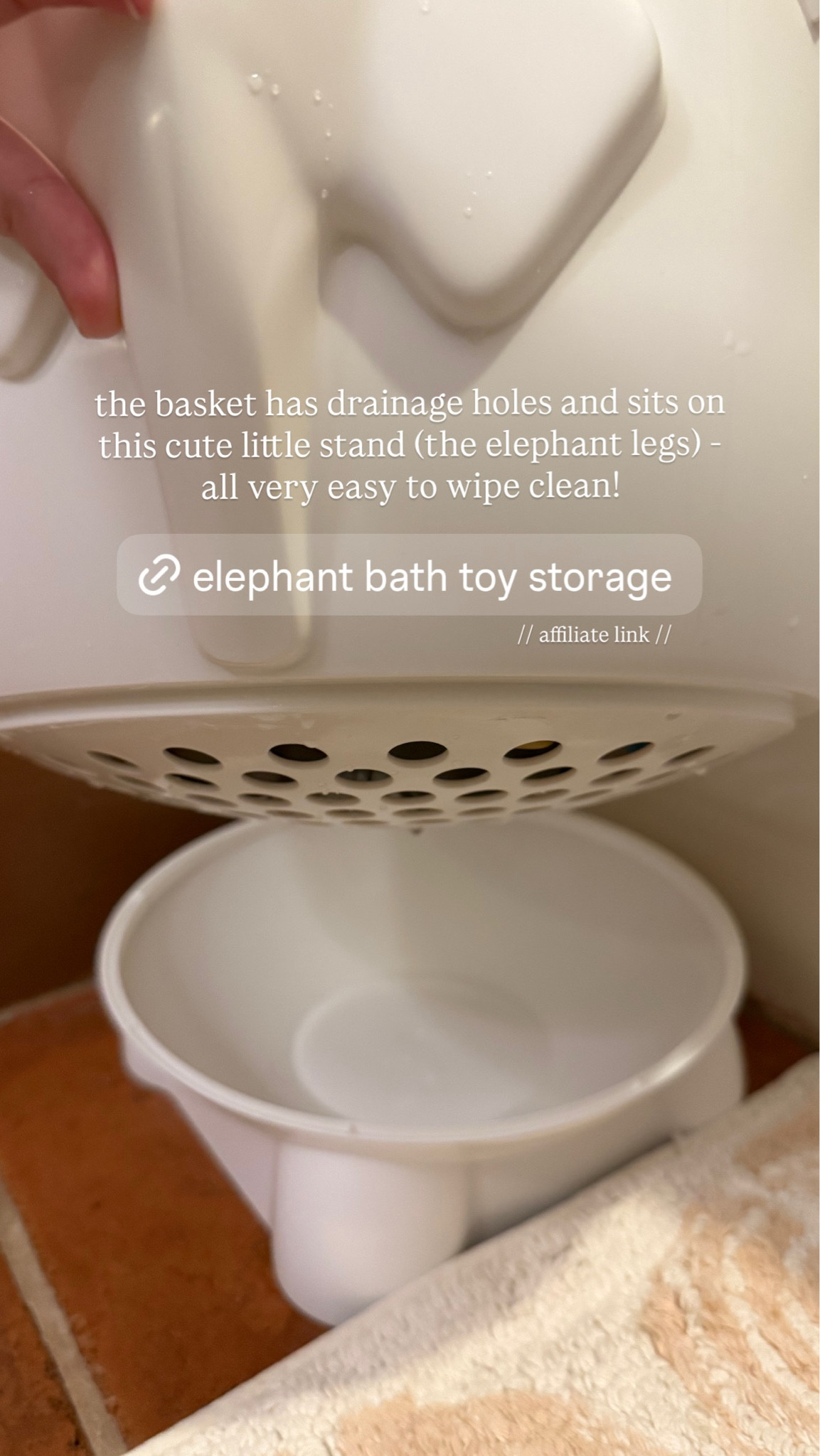 this bath toy basket has large drainage holes and sits on this cute little stand (the elephant legs) - all of it is very easy to clean!

#LTKBaby #LTKHome #LTKKids