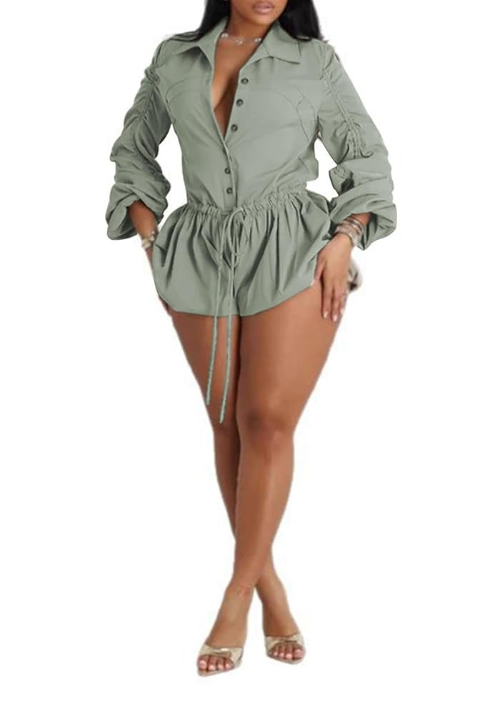 Famnbro Womens Summer Rompers Long Sleeve V Neck Drawstring Bubble Short Cute Jumpsuit One Piece ... | Amazon (US)