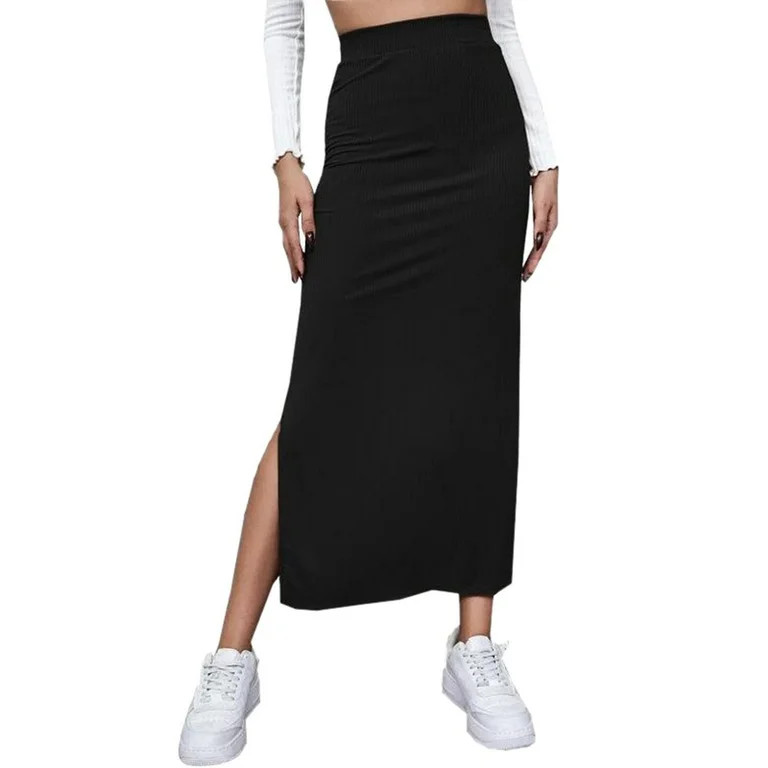 Women's Split Ribbed Knit Bodycon Maxi Skirt Stretchy Solid Color High Waisted Side Slit Hem Penc... | Walmart (US)