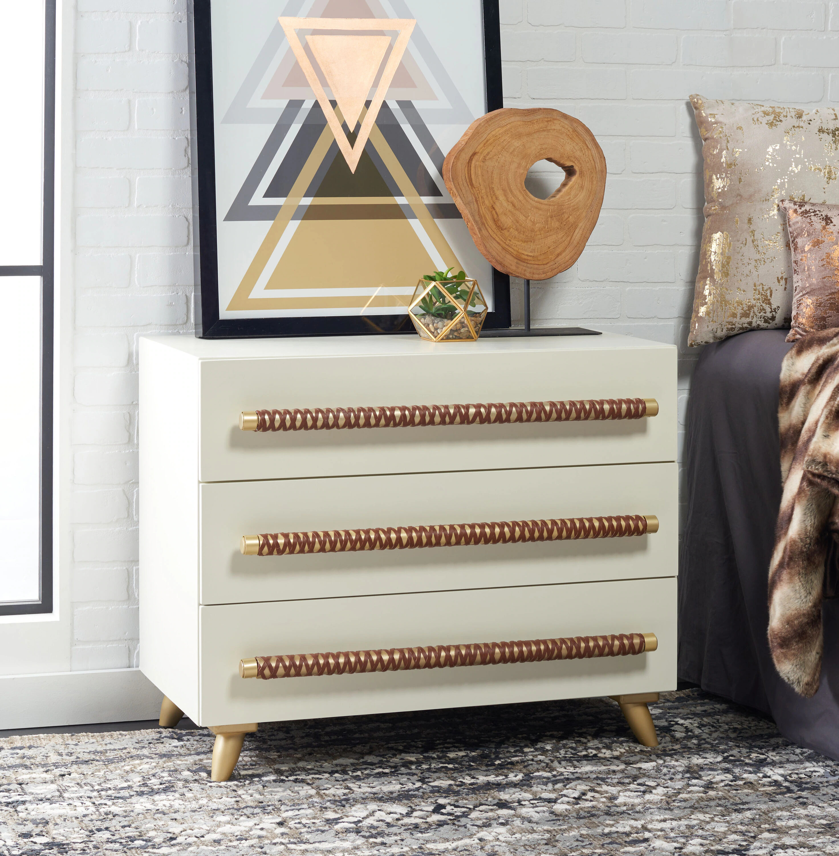 Safavieh Raquel White/Gold 3 -Drawer 31.5-in W Standard chest Leather one_size | CHS6602C | Lowe's