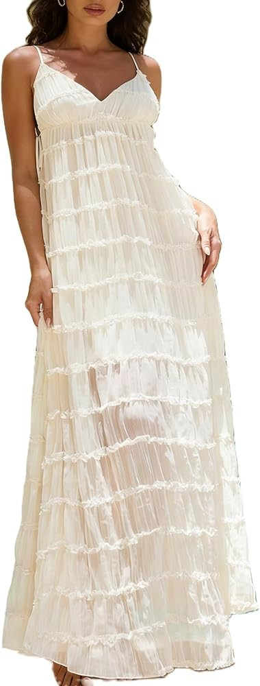 Yiulangde Women's Backless Smocked Maxi Dress Sexy Spaghetti Strap Cut Out Flowy Beach Long Dress... | Amazon (CA)
