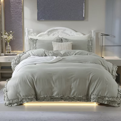 Cozy Cotton Comforter Set with Pillowcases – 100% Cotton Bedding with Double Ruffle Edge, Fluffy Lightweight All Season Light Gray King | Target