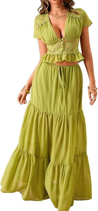 ChiaoLezhee Women's Sexy & Elegant Skirt Set, Lightweight Chiffon Maxi Skirt and Top for Summer B... | Amazon (US)