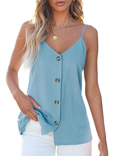 BLENCOT Tank Tops for Womens Summer Flowy Button Down V Neck Casual Sleeveless Trendy Shirts Spaghetti Strap Dressy Blouse Sky Blue M | Amazon (US)