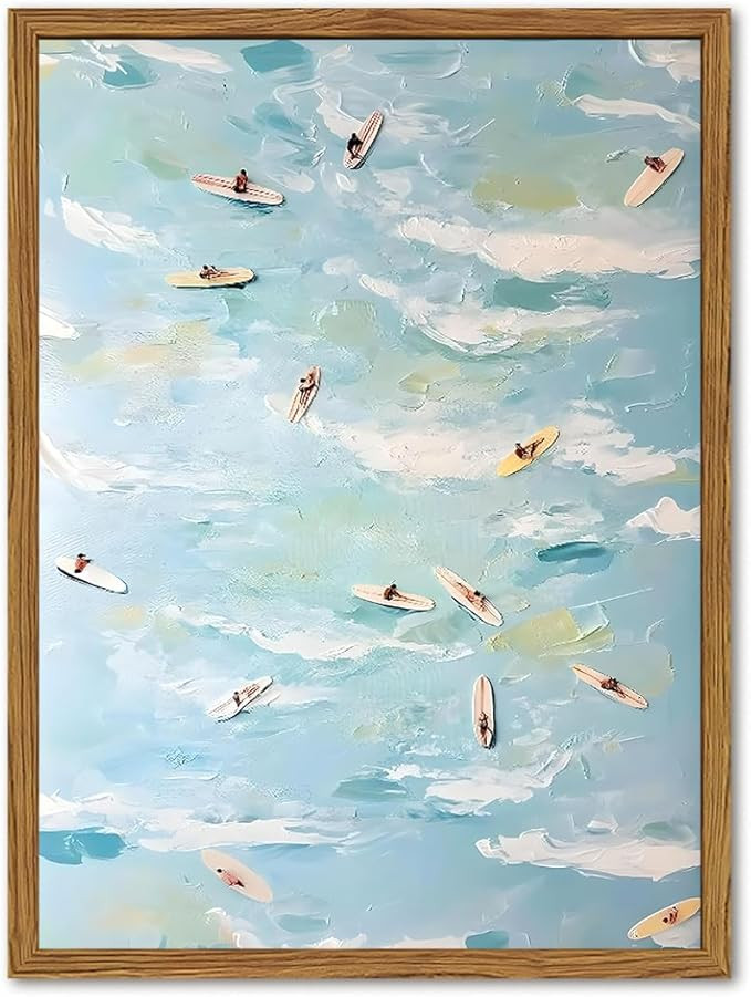Framed Tiny People Surfing Canvas Wall Art, Abstract Blue Coastal Surfer Pictures Wall Decor, Fun... | Amazon (US)