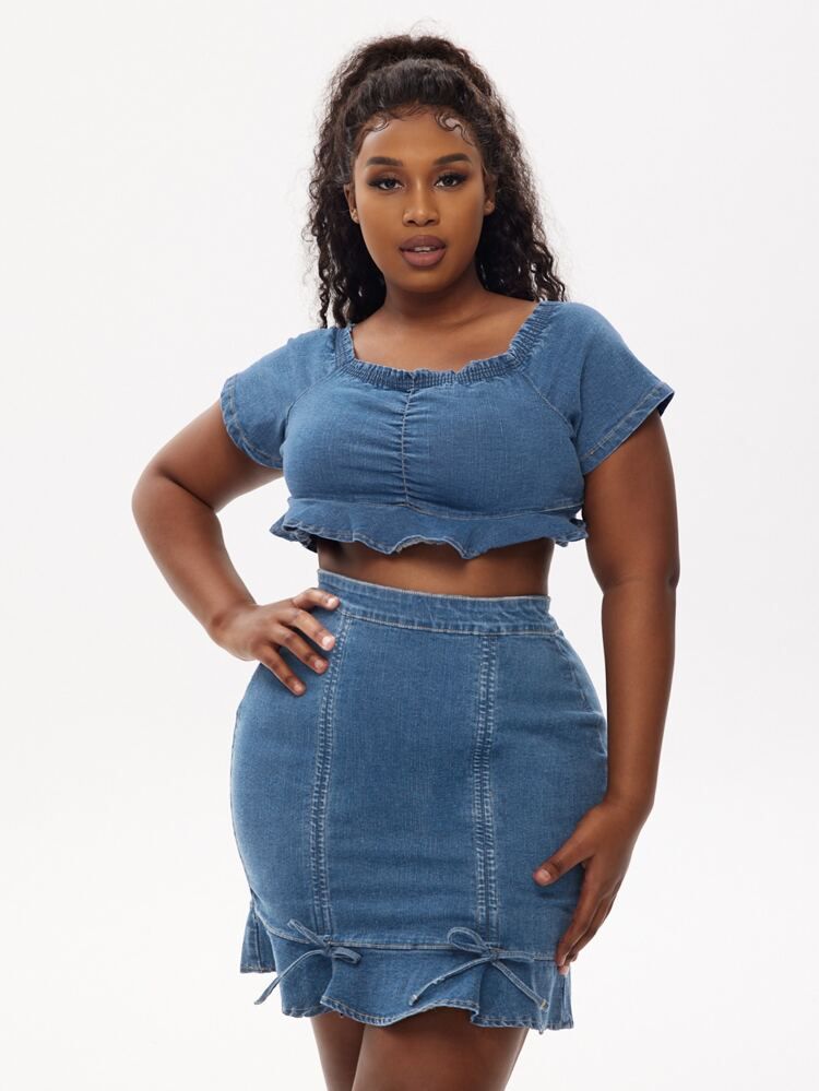 SHEIN SXY Plus Ruffle Hem Denim Top & Bodycon Skirt Set | SHEIN