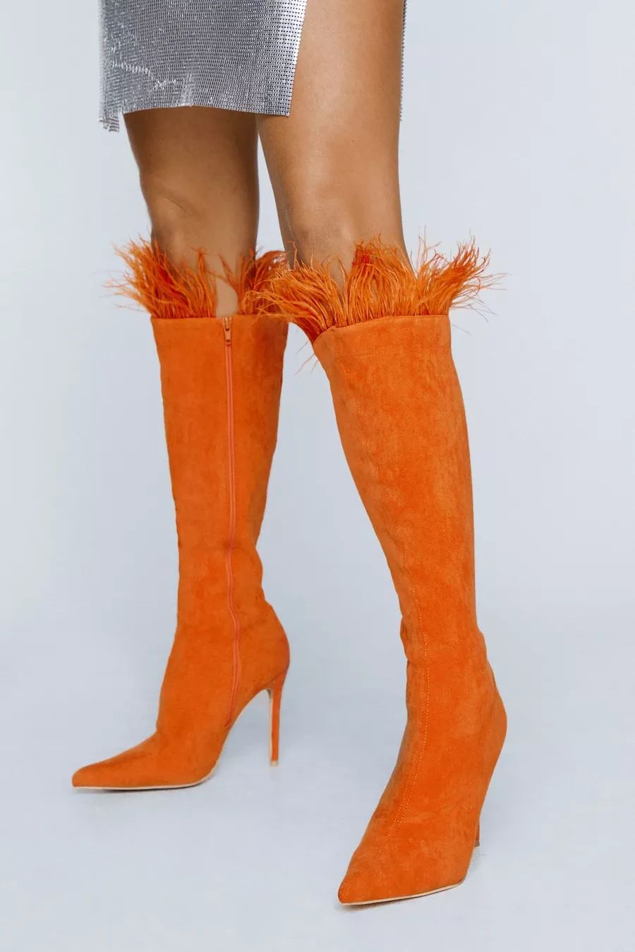 Faux Suede Feather Trim Knee High Boots | Nasty Gal US
