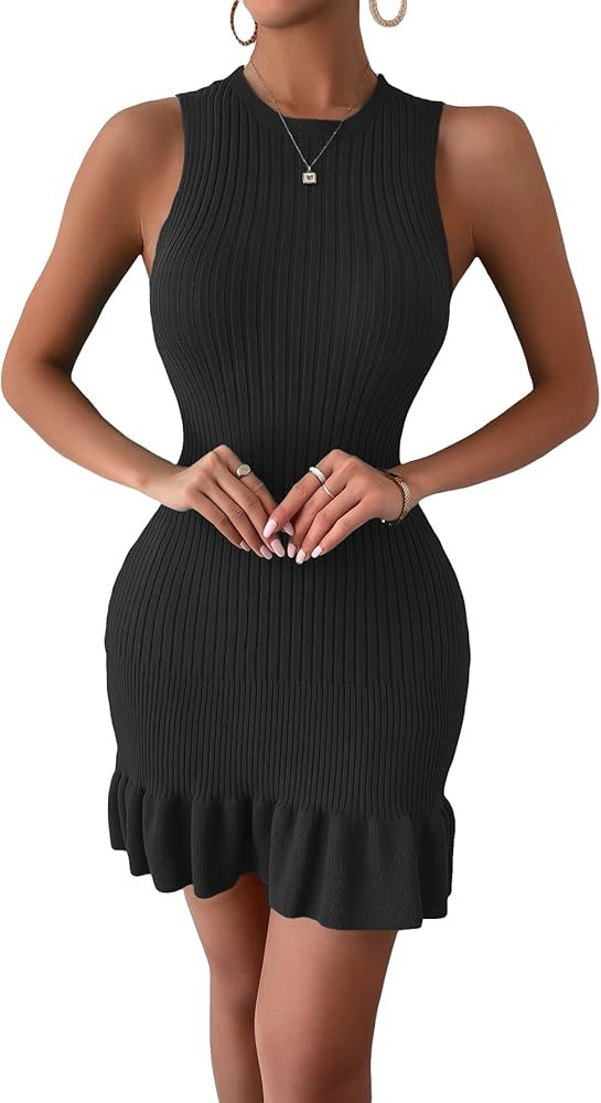 MakeMeChic Women's Sleeveless Ruffle Hem Ribbed Knit Mini Bodycon Sweater Dress | Amazon (US)
