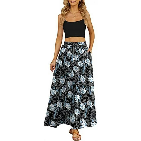 Lnzyyephy Women s High Waisted Long Skirt Elegant Solid Flower Print Summer Swing Skirt | Walmart (US)