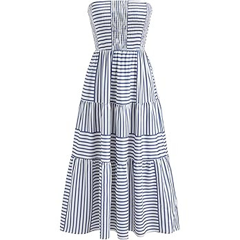 CIDER Women's Strapless Dress with Pockets Tube Striped Long Midi Dresses A Line Beach Vacation C... | Amazon (US)