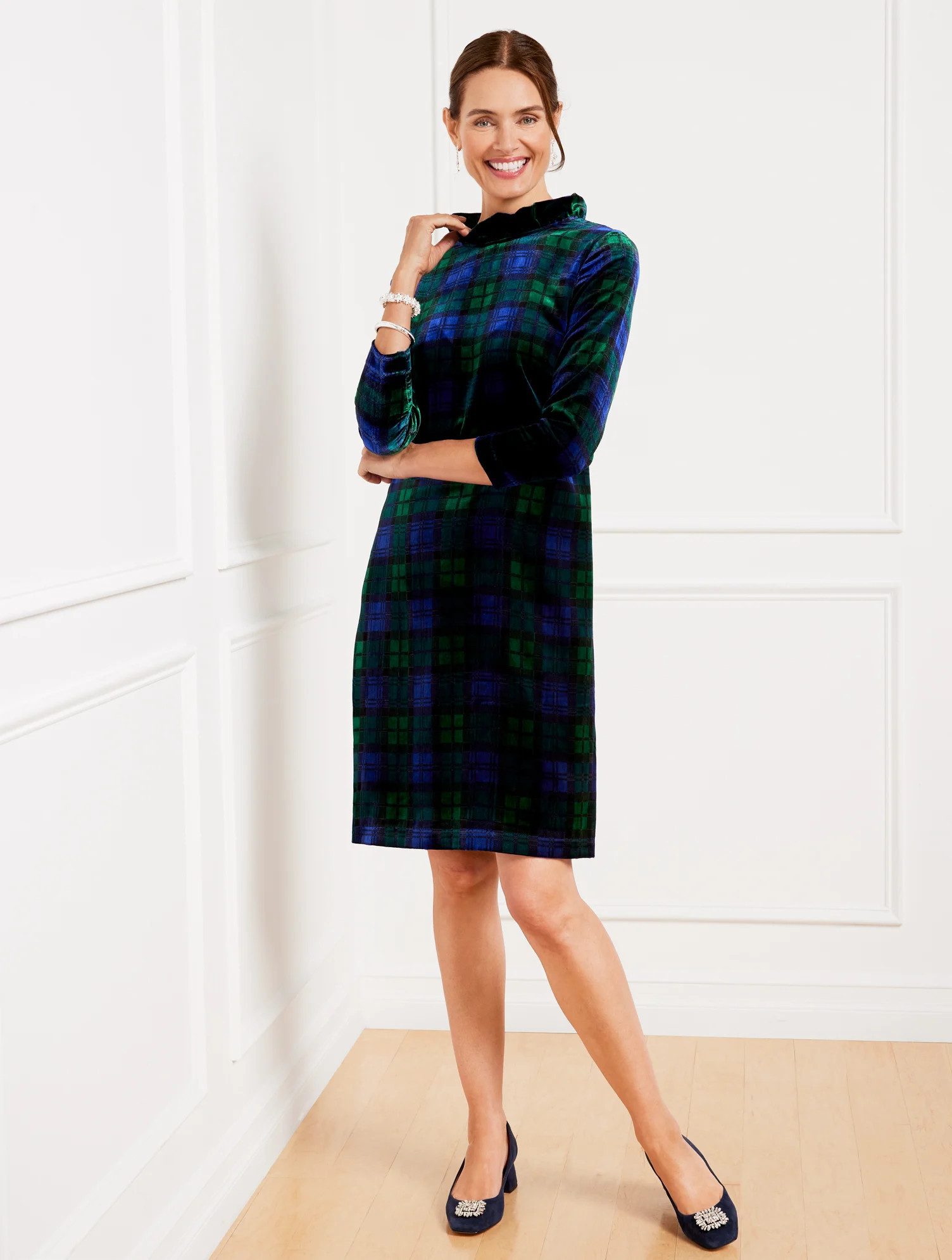 Petite - Effortless Velvet A-Line Dress - Black Watch Plaid - Highland Green/Black - 8 Talbots | Talbots