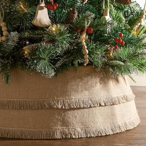 Bunny Chorus Christmas Tree Collar: Plain Burlap Farmhouse Christmas Tree Collars with Two Layer Tassels, Natural Jute Xmas Tree Ring Boho Tree Skirt for Indoor Trees, Fall Winter Rustic Home Décor | Amazon (US)