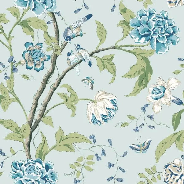 Teahouse Floral Wallpaper- Light Blue | York Wallcoverings