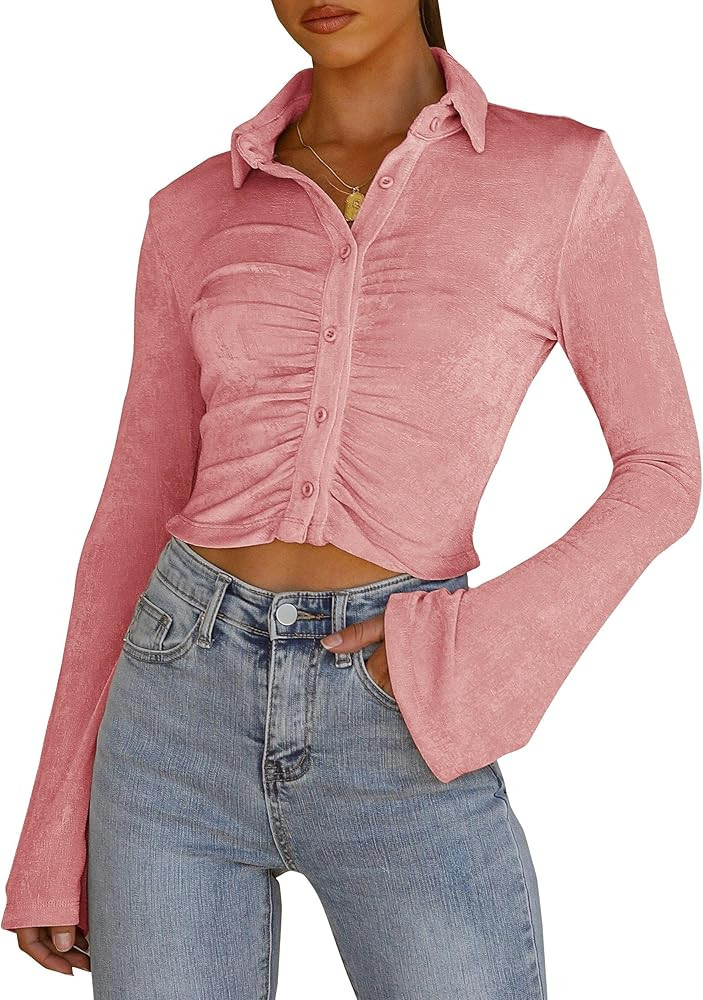 Mafulus Women's Button Down Bell Long Sleeves Ruched Waist Crop Work Office Casual Collared Shirt | Amazon (US)