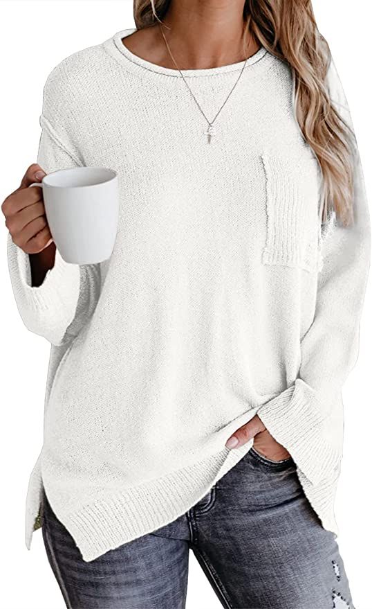 Imysty Womens Sweaters Crewneck Long Sleeve Side Slit Casual Pullover Sweater Knitted Jumper Tops | Amazon (US)