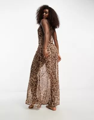 Miss Selfridge cross back cowl neck maxi beach dress in leopard print | ASOS (Global)