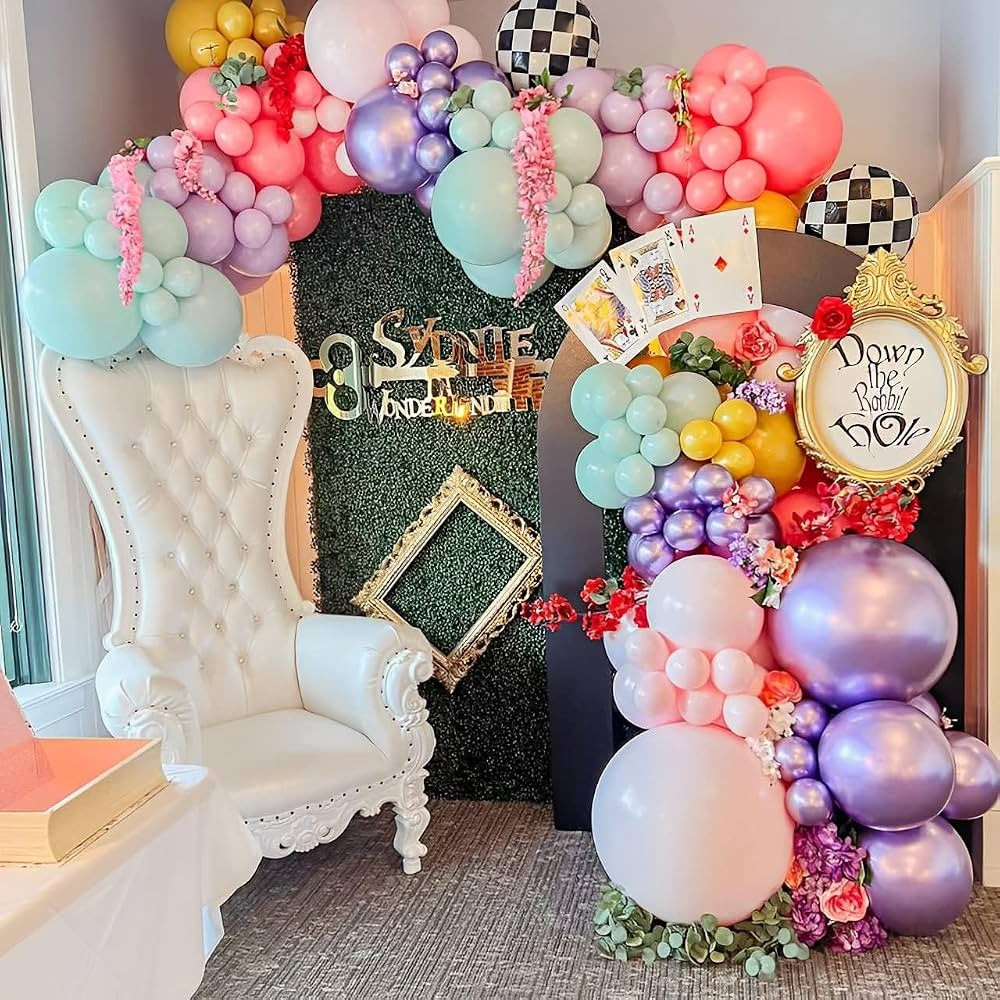 Wonderland Kit 150pcs Balloon Garland Arch, Pink Purple Checkered Flag, Girl First Birthday, Tea ... | Amazon (US)