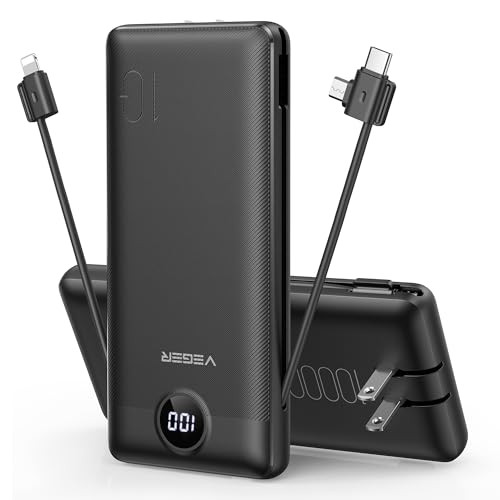 VEGER Portable Charger with Built-in AC Plug and Cables, All in One 10000mAh Ultra Slim Power Ban... | Amazon (US)