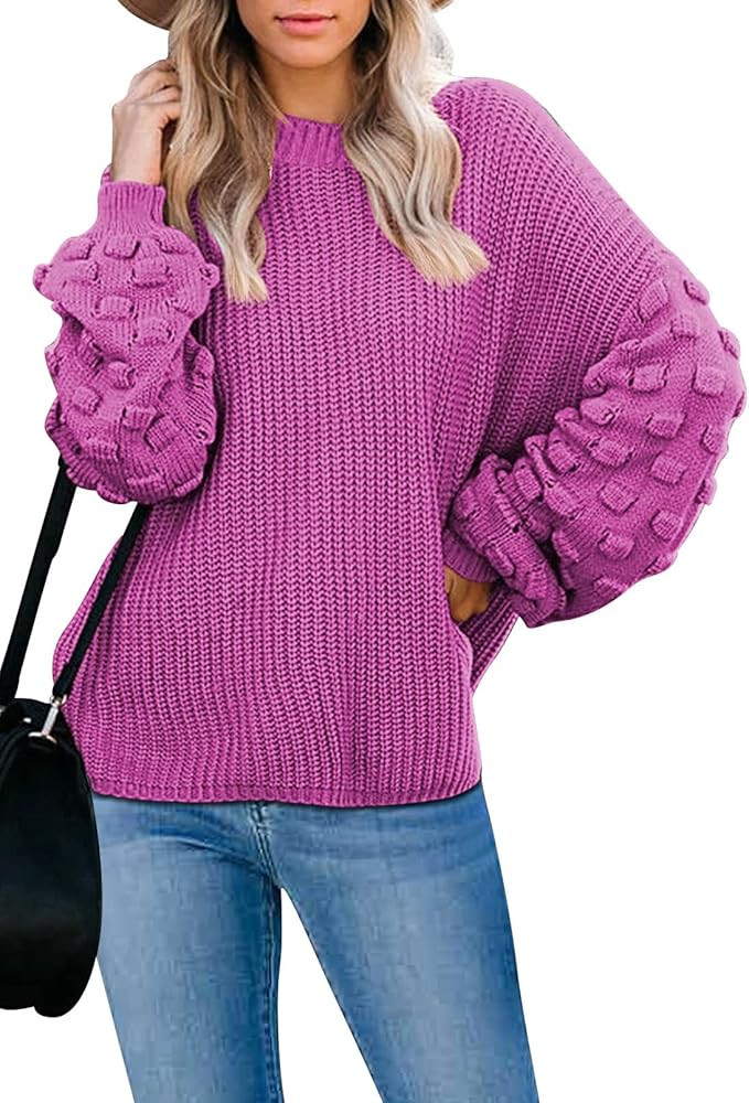 Sovoyontee Women's 2023 Fall Oversized Crewneck Long Puff Sleeve Chunky Knit Pullover Sweater Top... | Amazon (US)