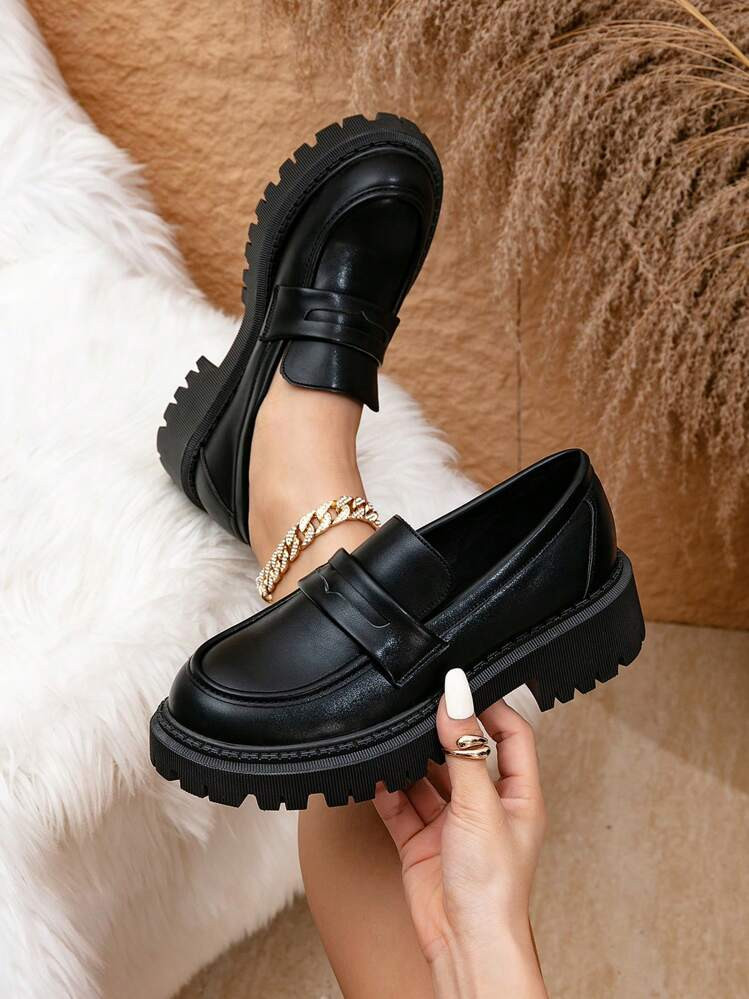 Women's Round Toe Slip-On Casual Loafers, Thick Soft Bottom, Platform Shoes, School/Student Style, Suitable For Autumn/Spring, Elegant, Comfortable, Black | SHEIN