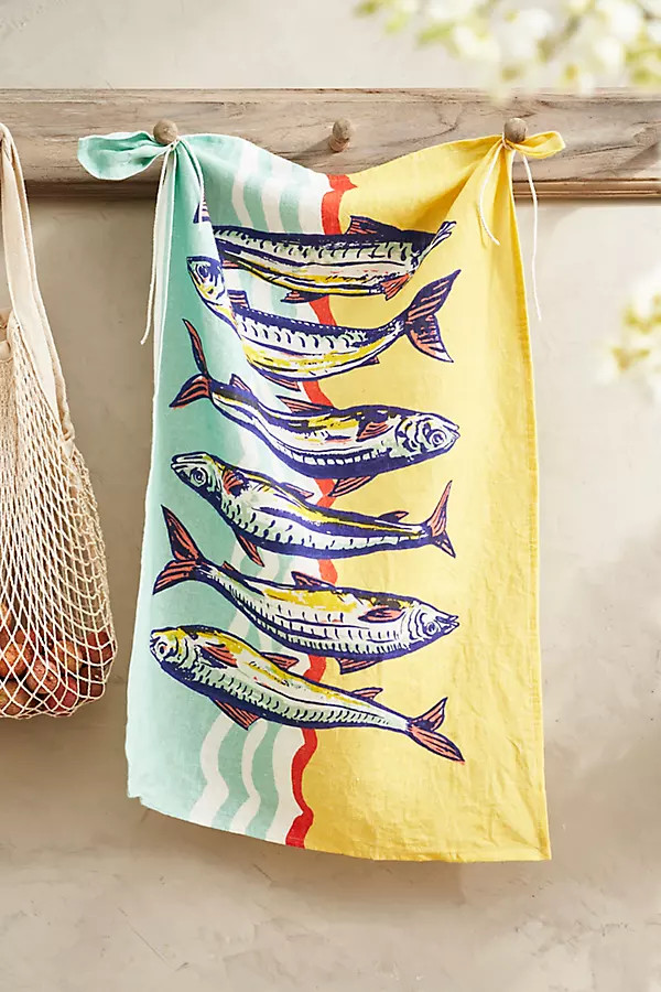 Sardines Linen Dish Towel, Yellow | Anthropologie (US)