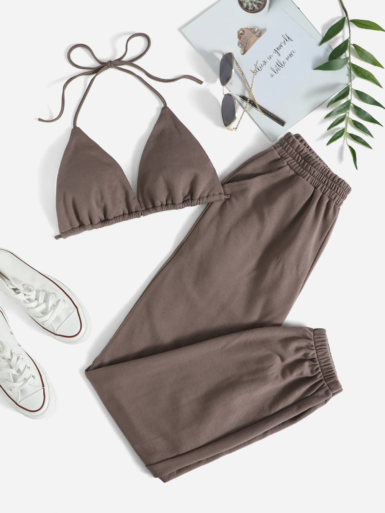 SHEIN Solid Crop Halter Top & Sweatpants | SHEIN