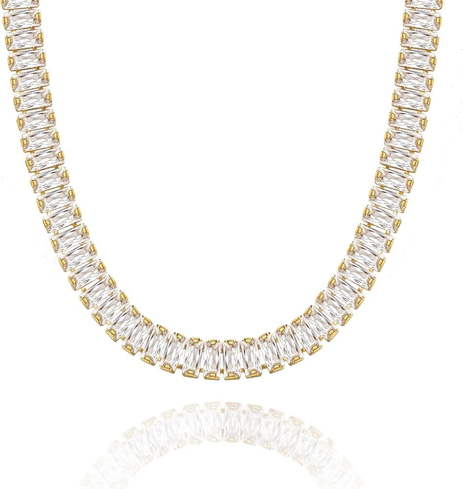 KissYan Diamond Tennis Necklace for Women, 14K/White Gold Plated Cubic Zirconia Baguette Tennis C... | Amazon (US)