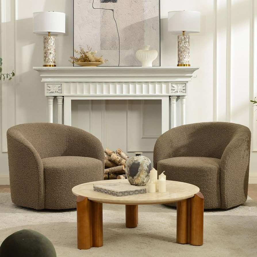 KINWELL 34" W No Assembly Boucle Swivel Barrel Chairs Set of 2, Teddy Brown | Amazon (US)