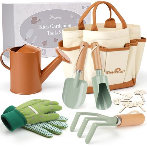 Dreamon Gardening Set Toys for Kids, Quality Garden Tool Kit Includes Tote Bag, Gloves, Shovel, Rake, Cultivator, Watering Can, STEM Learning Outdoor Gifts for Kids Toddlers | Amazon (US)