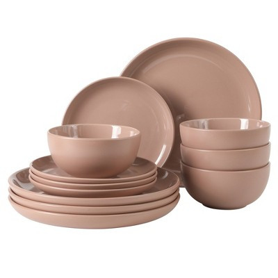 Gibson Home Rockaway 12 Piece Plates and Bowls Matte Outside/Shiny Inside Glaze Service for 4 Dinnerware Set - Pink | Target