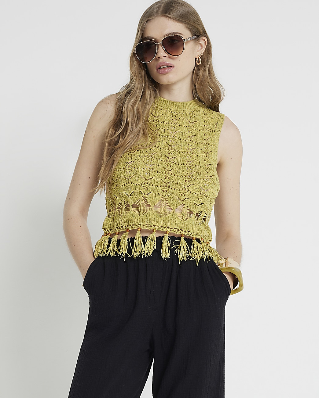 Khaki crochet fringe hem tank top | River Island (UK & IE)