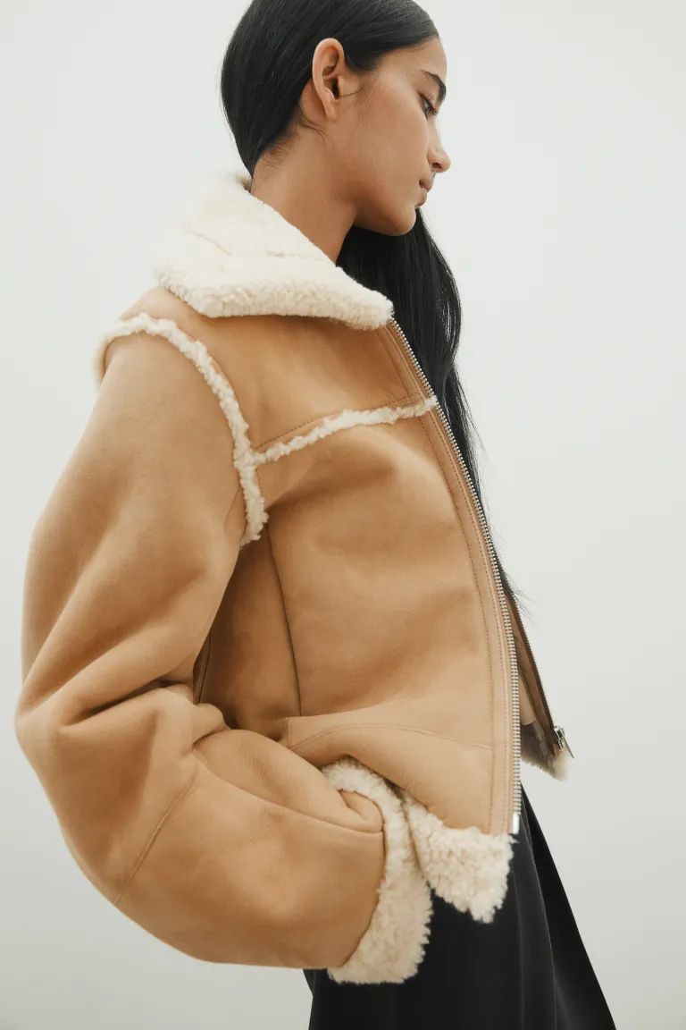 Teddy-lined suede jacket - Dark beige - Ladies | H&M GB | H&M (UK, MY, IN, SG, PH, TW, HK)