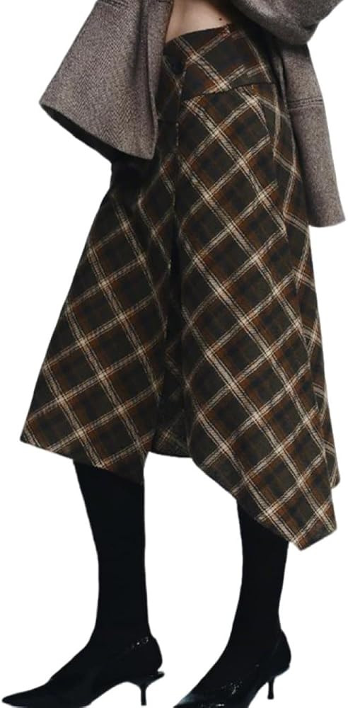 CHARTOU Women Plaid Wool Midi Skirt Fall Winter Vintage Asymmetric Elastic High Waist A Line Long... | Amazon (US)